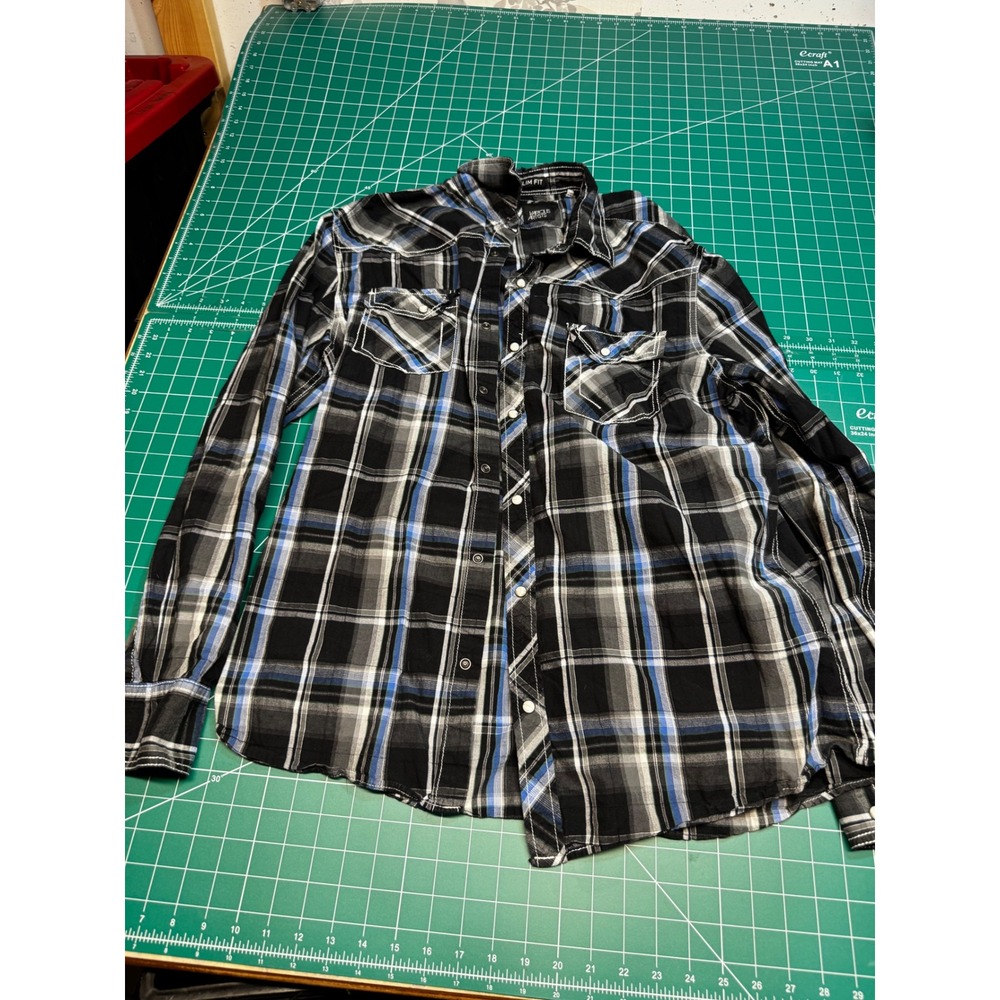Various Artists Mens XL Slim Fit Plaid Western Button Down Shirt Black BlueWhite